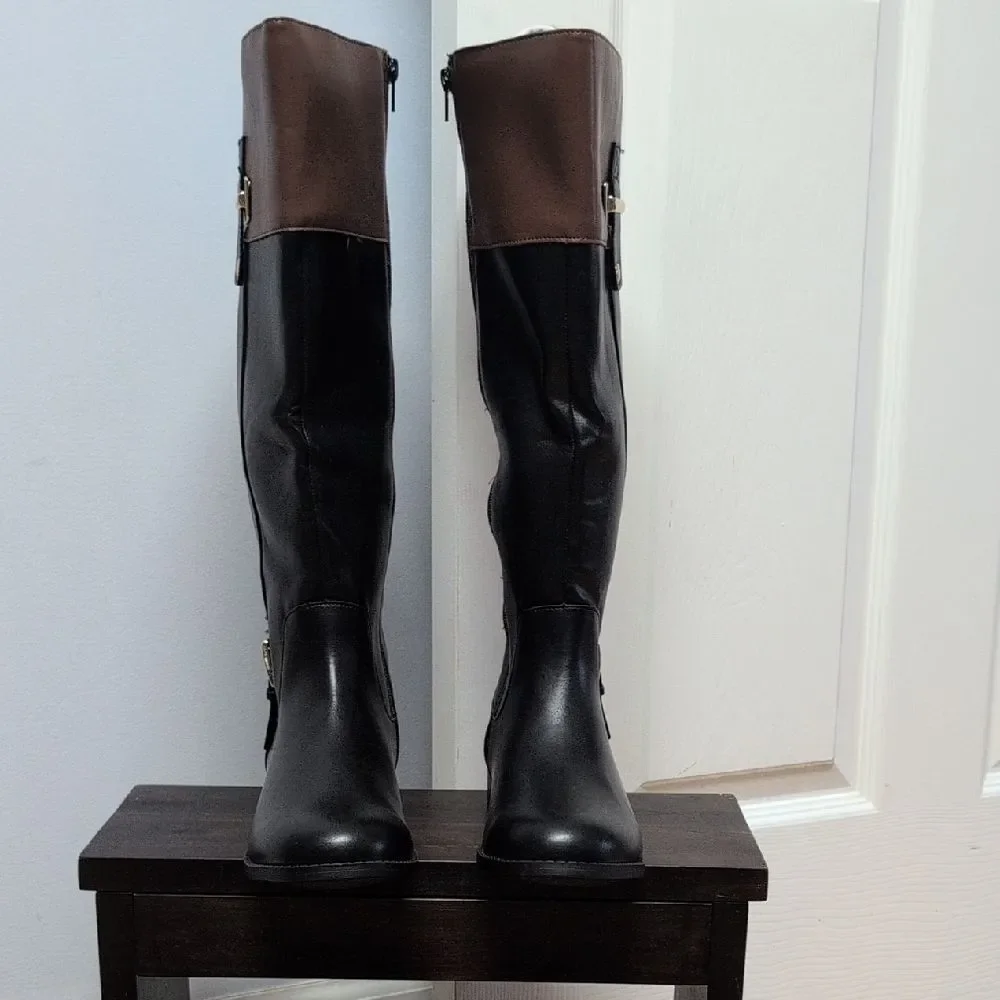 Karen Scott Eden Two Tone Black/Brown Fabric Lined Low Block Riding Boots Sz 8.5